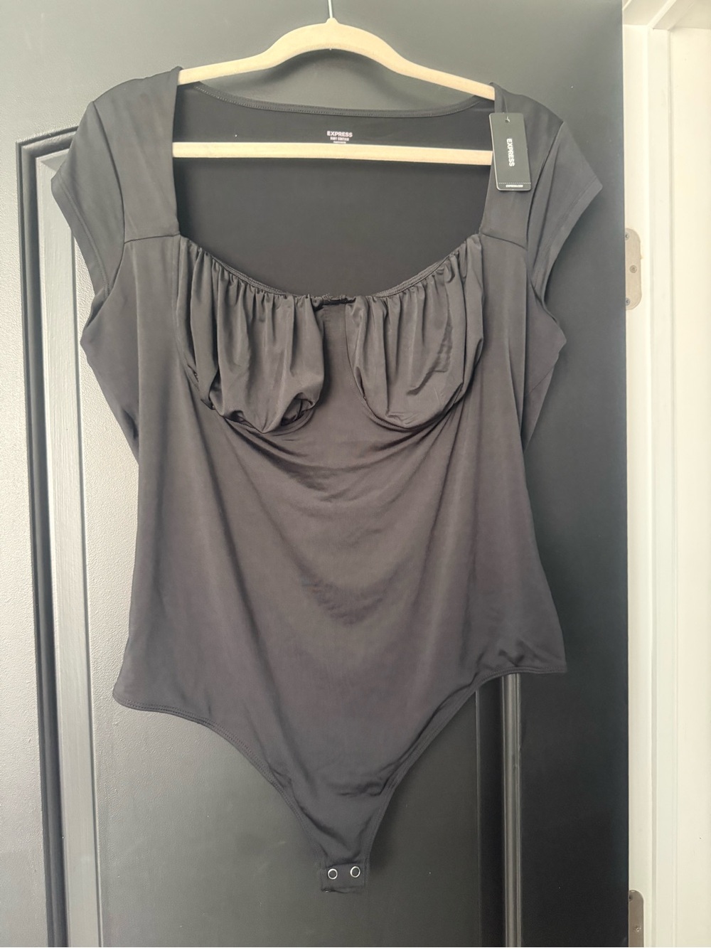 Express Black Cap-Sleeve Gathered Bodysuit